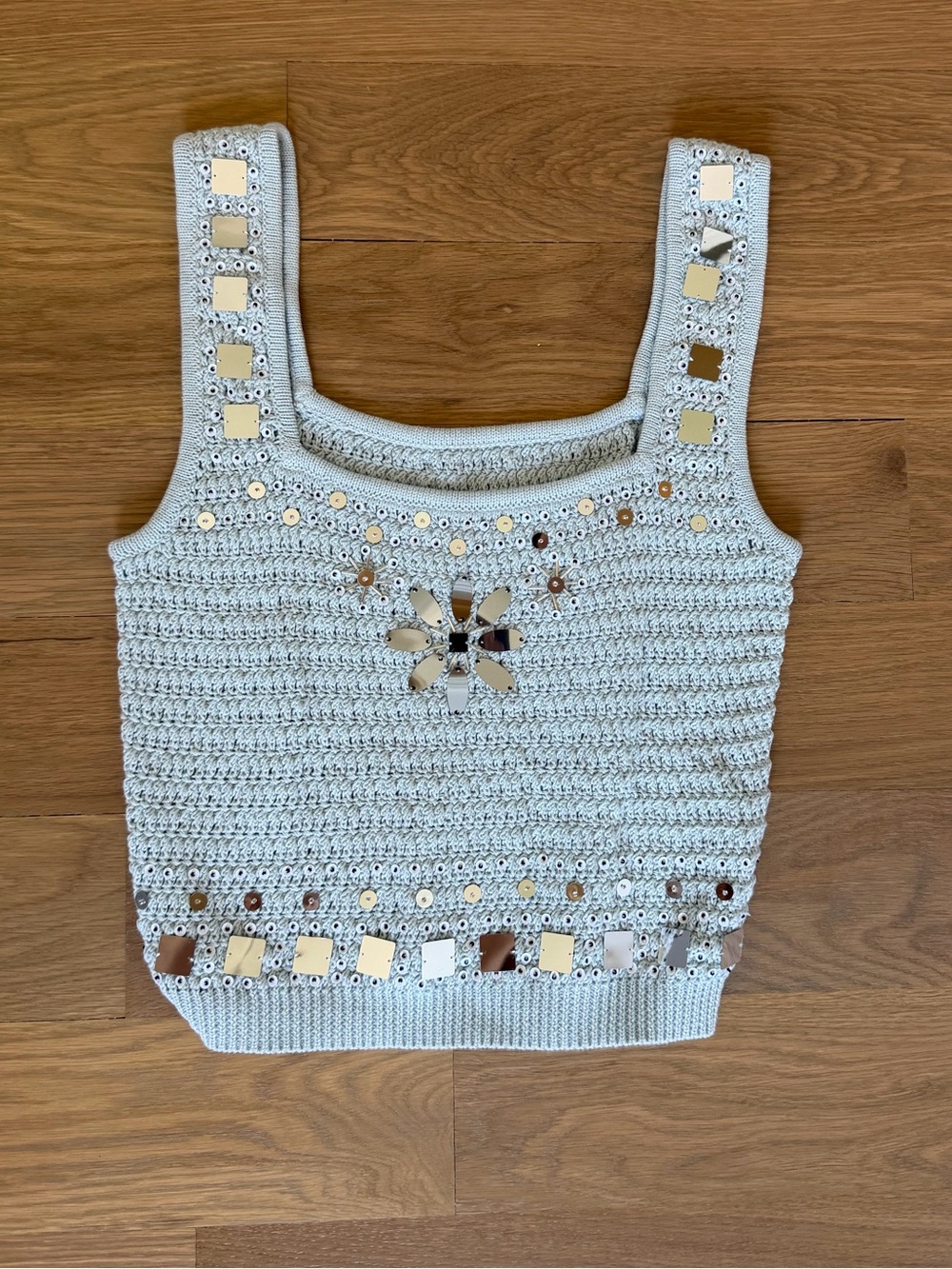 J. Crew Light Blue Crochet Tank with Mirror Embellishments